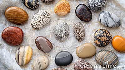A collection of various colorful stones displayed artistically. Each stone has distinct patterns and textures. Perfect Stock Photo