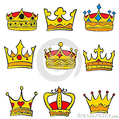 Collection various crown glamour style doodles Vector Illustration