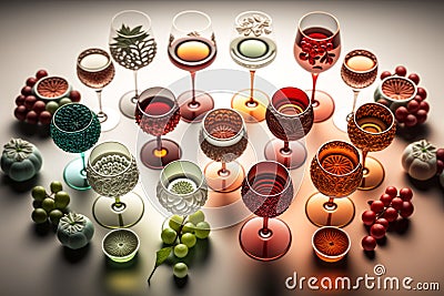 Collection of various crystal glasses with patterns with different types of wine. Elegant goblets on high stems with alcoholic Stock Photo