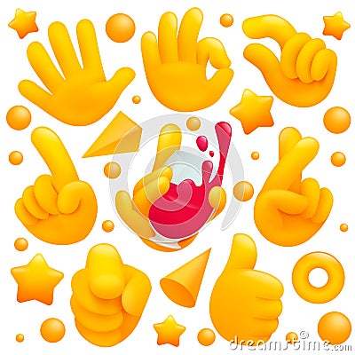 Collection of various emoji yellow hand symbols with wineglass, thubs up sign and other gestures. 3d cartoon style Cartoon Illustration