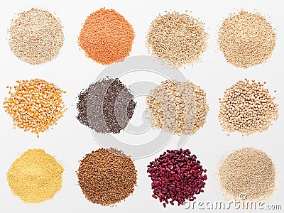 Collection of various grains and cereals on white background Stock Photo