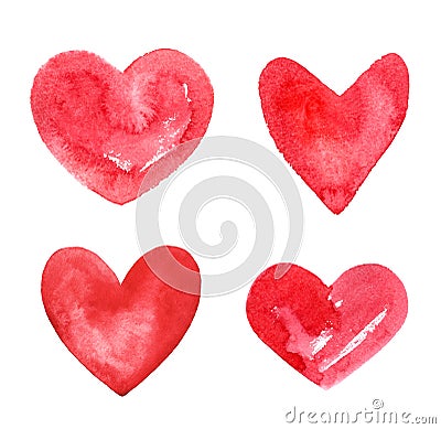 Collection of various hand drawn watercolor heart shapes Stock Photo