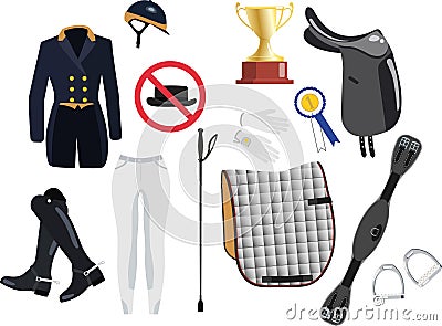Collection of various horse dressage tools and riding wear vector illustration Vector Illustration