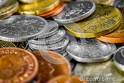 Collection of various international coins closeup Stock Photo