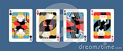 Collection of various king playing cards vector flat illustration. Colorful gamble symbol graphic design isolated. Four Vector Illustration