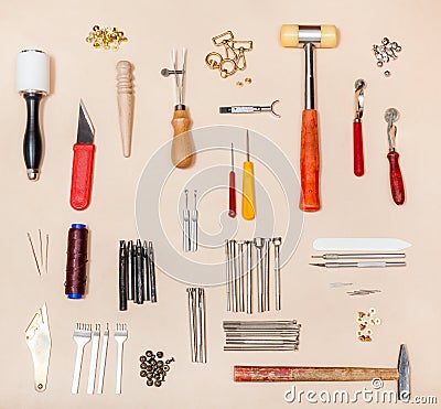 Collection various leather crafting tools Stock Photo