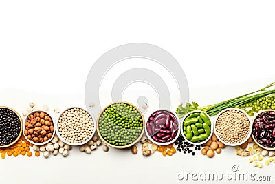 collection of various legumes in bowls on white background with copy space Stock Photo