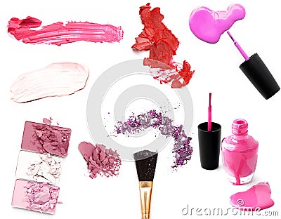 Collection of various make up accessories on white background Stock Photo