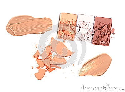 Collection of various make up powder samples on white background. Stock Photo