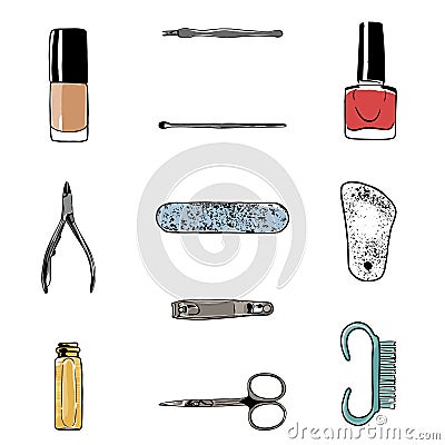 Collection with various manicure accessories, equipment, tools icons Stock Photo
