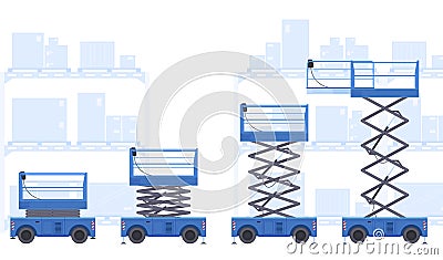 Collection various mechanical lifts scissors platform with basket industrial working at warehouse Vector Illustration