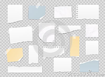 Collection of various note papers, banner set. Different scraps of paper stuck by sticky tape. Vector illustration Vector Illustration