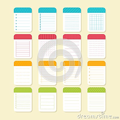 Collection of various note papers. Template notepad design. Vector Illustration