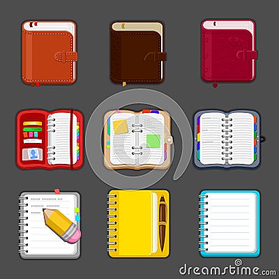 Collection of various open and closed notebooks, diary, sketchpad, pocketbook. Set of different notepads and tablets Vector Illustration