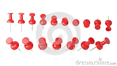 Collection of various red push pins. Thumbtacks on white Cartoon Illustration