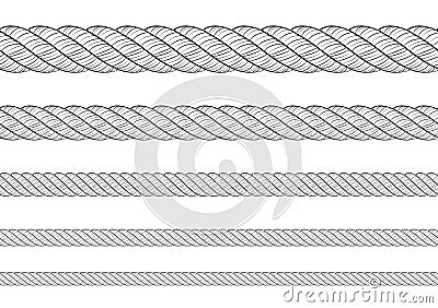 Collection of various ropes string on white background. each one is shot separately. Texture pattern seamless repeating white blac Vector Illustration