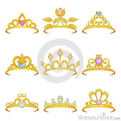 Collection of various royal crowns decorated with shiny gemstones. Golden princess tiara. Precious women s accessories Vector Illustration