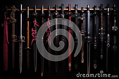 collection of various samurai swords in a row Stock Photo