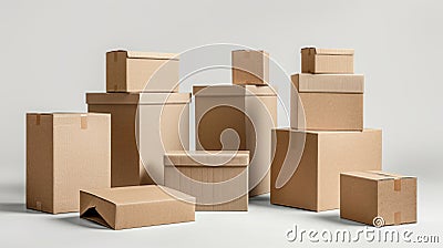 A collection of various sized cardboard boxes stacked unevenly on a plain background with one box open and slightly crumpled, Stock Photo