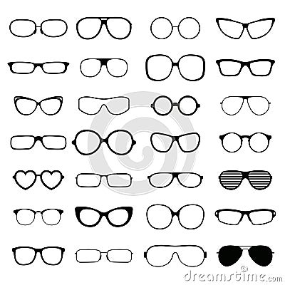 Collection various styles of fashion glasses solid black silhouette vector. Vector Illustration