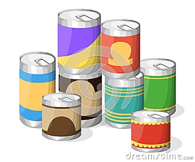 Collection of various tins canned goods food metal container grocery store and product storage aluminum flat label canned conserve Cartoon Illustration