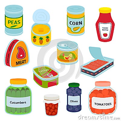 Collection of various tins canned goods food metal container grocery store and product, storage, aluminum flat label Vector Illustration