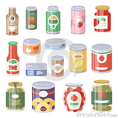 Collection of various tins canned goods food metal container grocery store and product storage aluminum flat label Vector Illustration