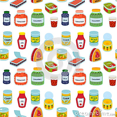 Collection of various tins canned goods food metal container Vector Illustration