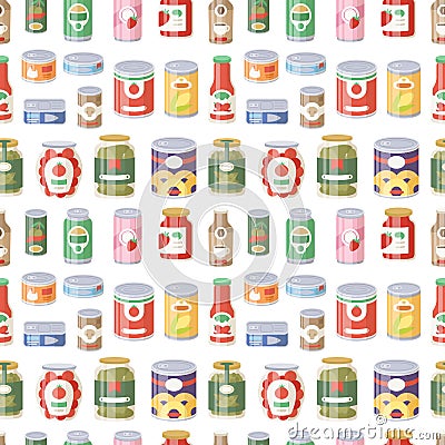 Collection of various tins canned goods food metal container product seamless pattern vector illustration. Vector Illustration