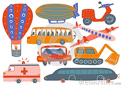 Collection of Various Transport Vehicles, Hot Air Balloon, Airship, Plane, Ambulance Car, Excavator, Bus, Motorbike Vector Illustration