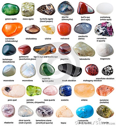 Collection of various tumbled gemstones with names Stock Photo