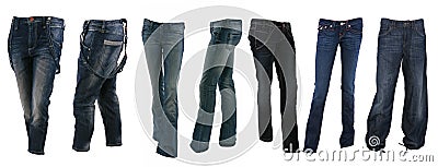 Collection of various types of blue jeans trousers Stock Photo