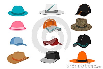 Collection of various types of hats on white background Vector Illustration