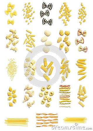 Collection of Various Types of Pasta on White Stock Photo