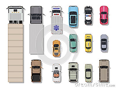 Collection of various vehicles. Top view. Vector Illustration