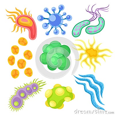 Flat vector set of various viruses. Structures of microorganisms under microscope. Microbiology theme Vector Illustration