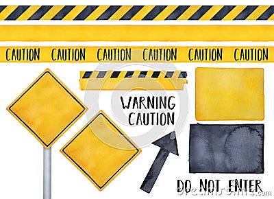 Collection of various warning signs, seamless caution tapes, text messages and attension symbols. Stock Photo