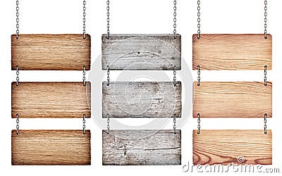 Collection of various wooden signs with chain Stock Photo