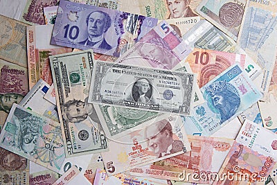 Collection of various world currency money banknote bills Stock Photo