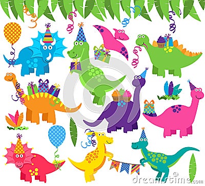 Collection of Vector Birthday Party or Party Dinosaurs Vector Illustration