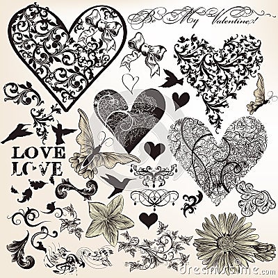 Collection of vector calligraphic elements on love theme in vintage style Stock Photo