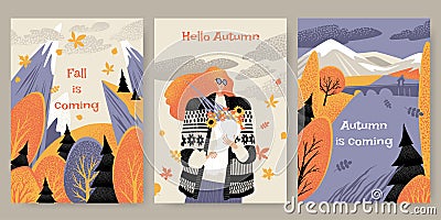 Collection of vector cards with autumn landscapes and a cute girl with a bouquet of flowers Vector Illustration