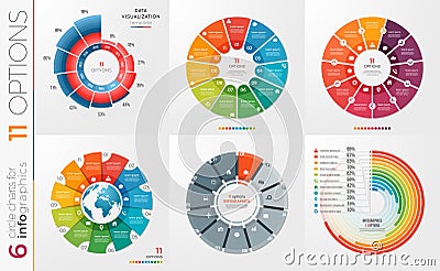 Collection of 6 vector circle chart templates 11 options. Vector Illustration