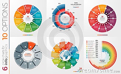 Collection of 6 vector circle chart templates 10 options. Vector Illustration