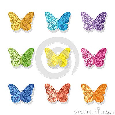 Collection of vector glittering butterfly icons. Vector Illustration