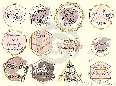 Collection of vector golden frames wish watercolor spots in female style with quotes Stock Photo