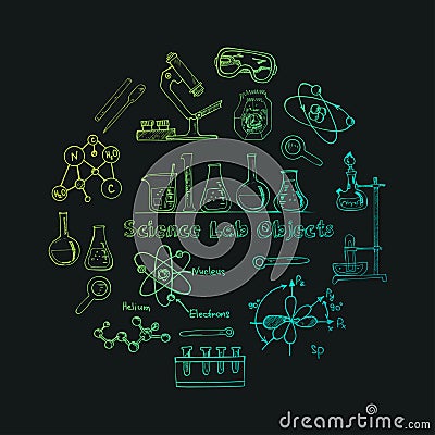 Collection of Vector hand drawn doodle science lab objects. Vector Illustration