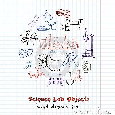 Collection of Vector hand drawn doodle science lab objects. Vector Illustration