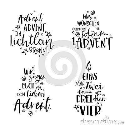 Collection of vector handwritten Advent calligraphic lettering text in German for example 