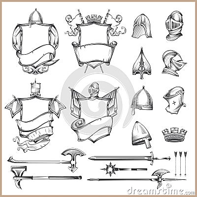 Collection of vector heraldic elements, helmets and medieval weapons Vector Illustration